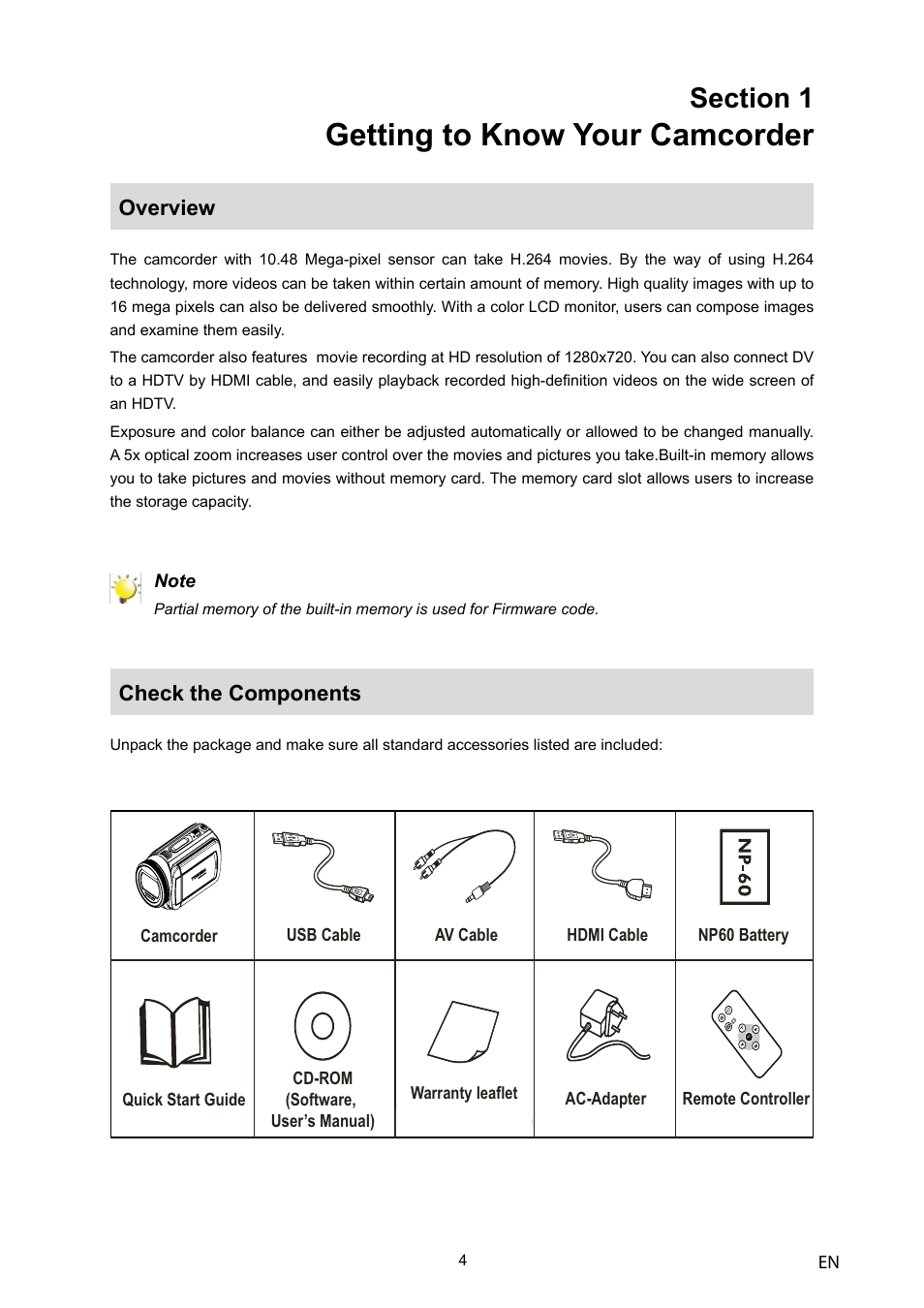 Getting to know your camcorder, Overview, Check the components | Toshiba Camileo H10 User Manual | Page 6 / 71