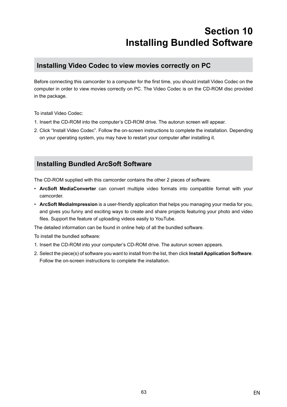 Installing bundled arcsoft software | Toshiba Camileo H10 User Manual | Page 65 / 71