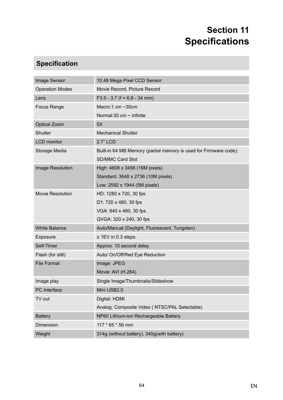 Specifications, Specification | Toshiba Camileo H10 User Manual | Page 66 / 71