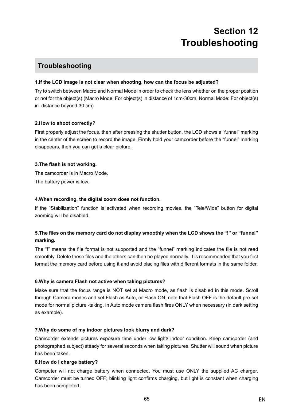 Troubleshooting | Toshiba Camileo H10 User Manual | Page 67 / 71