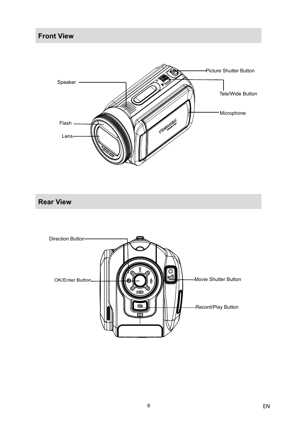 Front view, Rear view | Toshiba Camileo H10 User Manual | Page 8 / 71