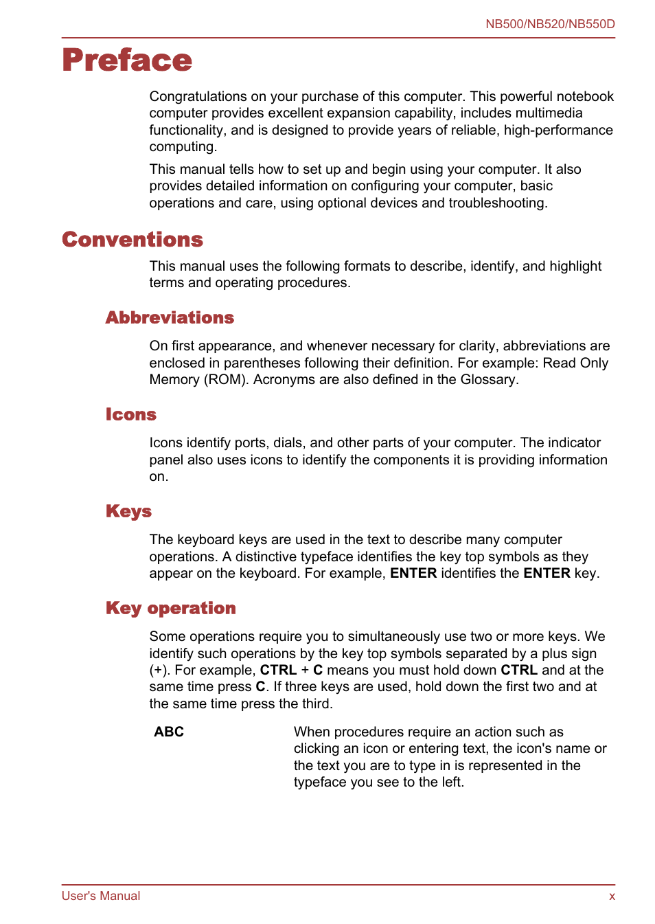 Preface, Conventions, Abbreviations | Icons, Keys, Key operation | Toshiba NB550D User Manual | Page 10 / 135