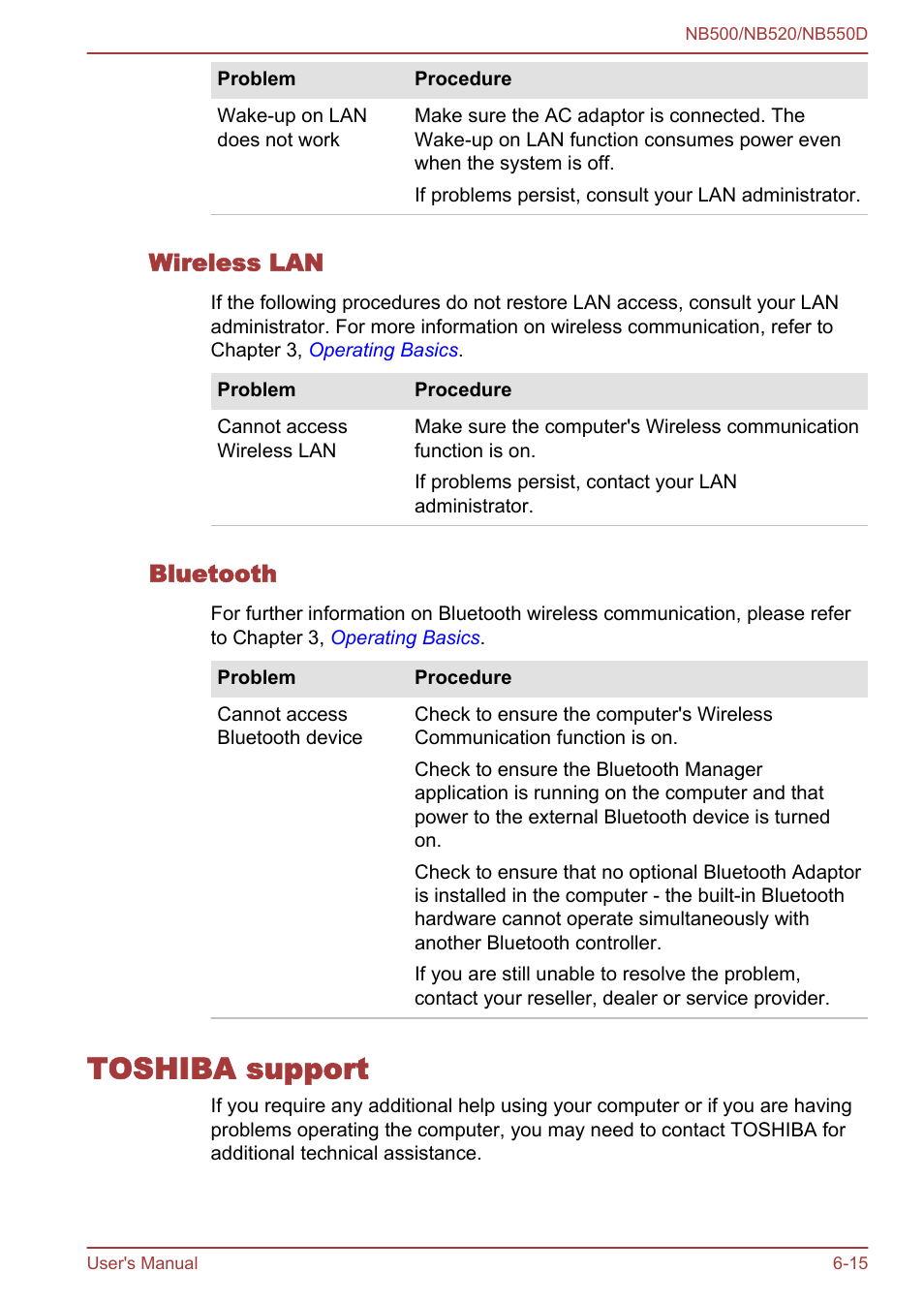 Wireless lan, Bluetooth, Toshiba support | Toshiba support -15 | Toshiba NB550D User Manual | Page 108 / 135