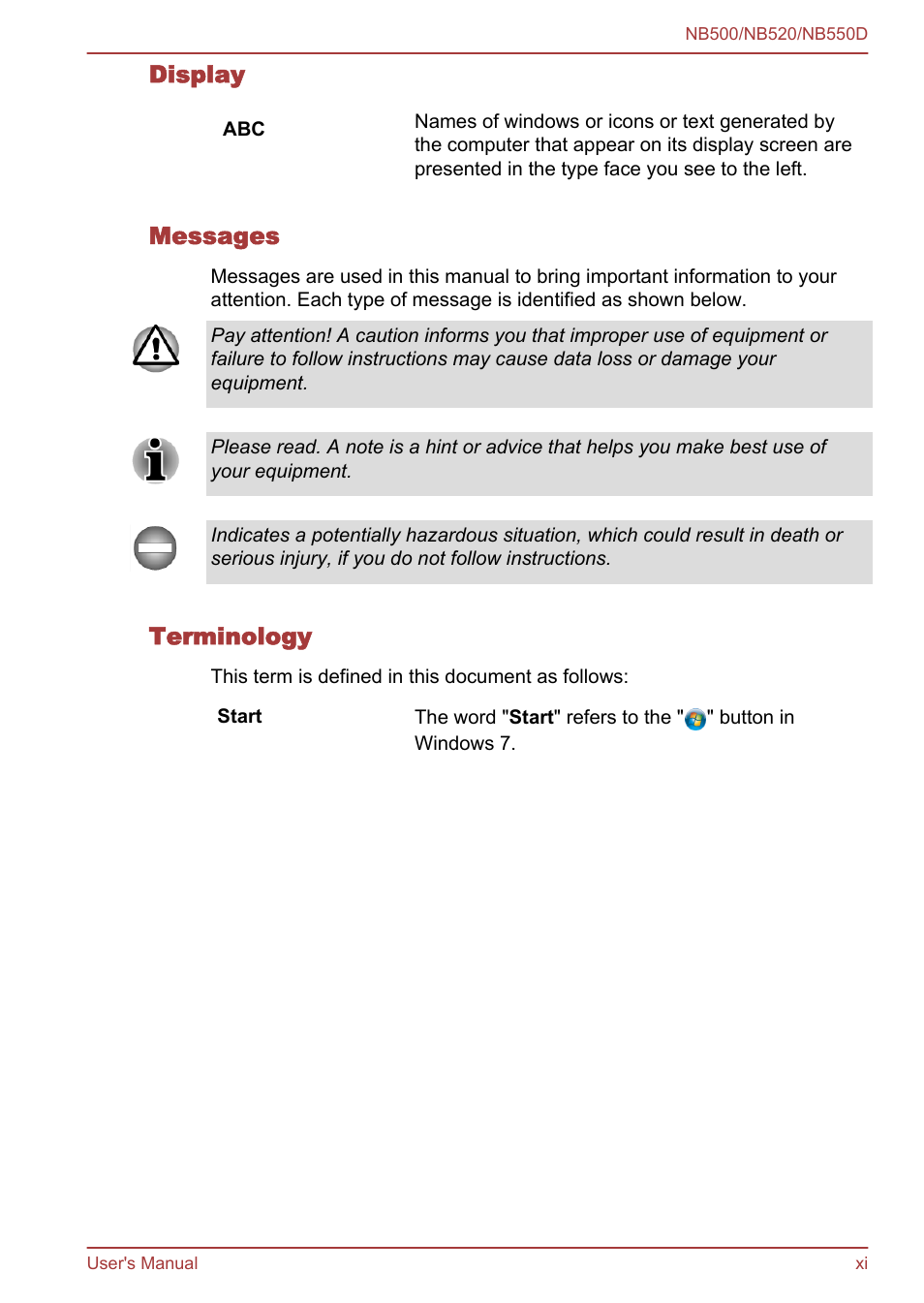 Display, Messages, Terminology | Toshiba NB550D User Manual | Page 11 / 135
