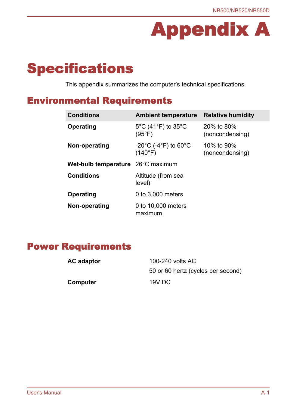 Appendix a specifications, Environmental requirements, Power requirements | Appendix a, Specifications | Toshiba NB550D User Manual | Page 110 / 135