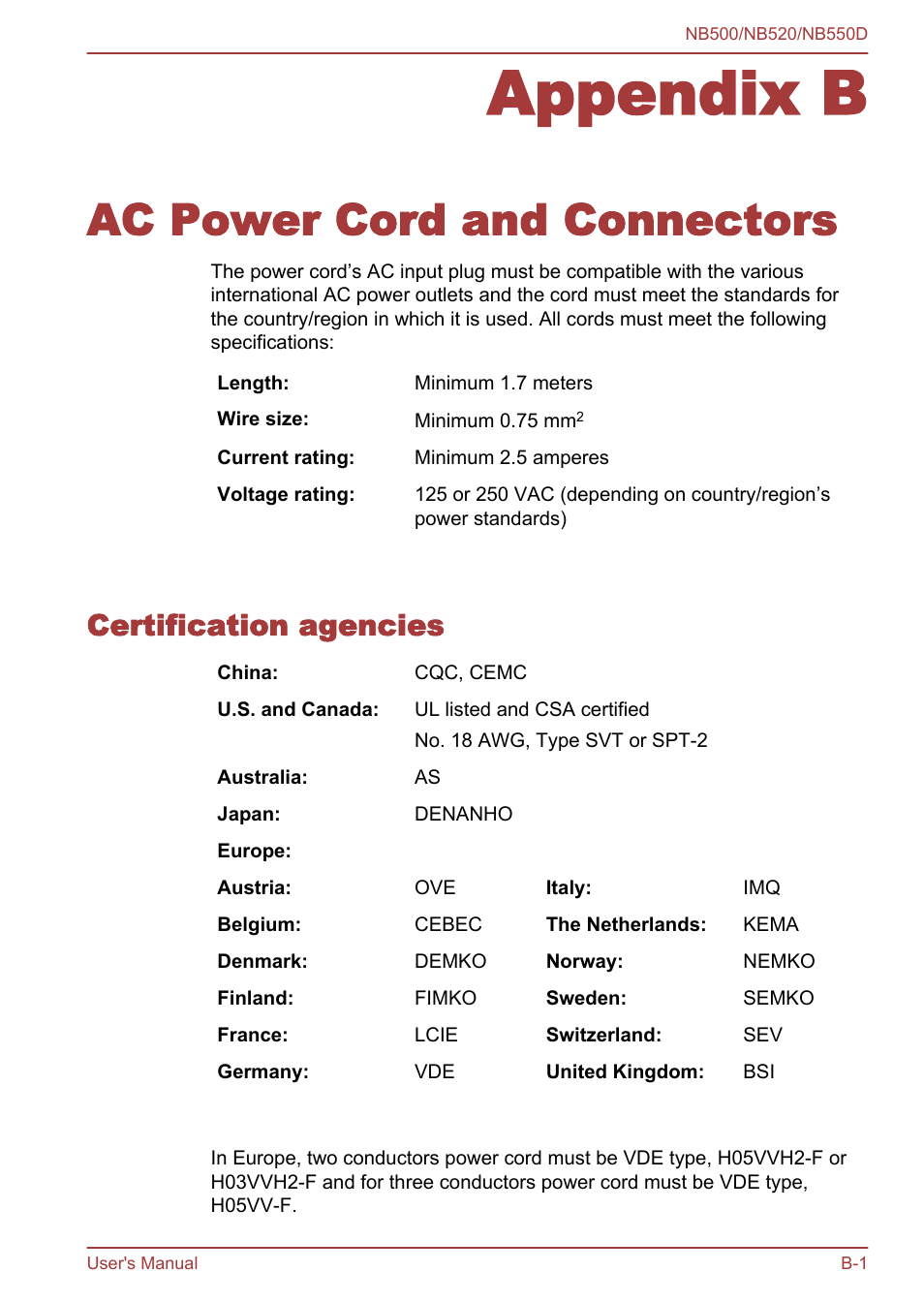 Appendix b ac power cord and connectors, Certification agencies, Appendix b | Ac power cord and connectors | Toshiba NB550D User Manual | Page 111 / 135