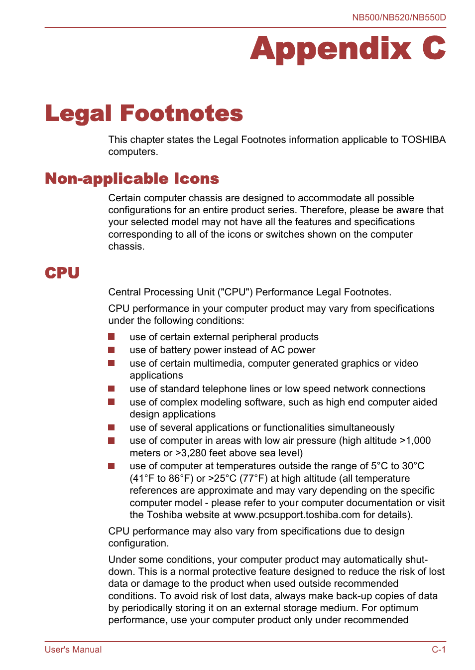 Appendix c legal footnotes, Non-applicable icons, Appendix c | Legal footnotes | Toshiba NB550D User Manual | Page 113 / 135