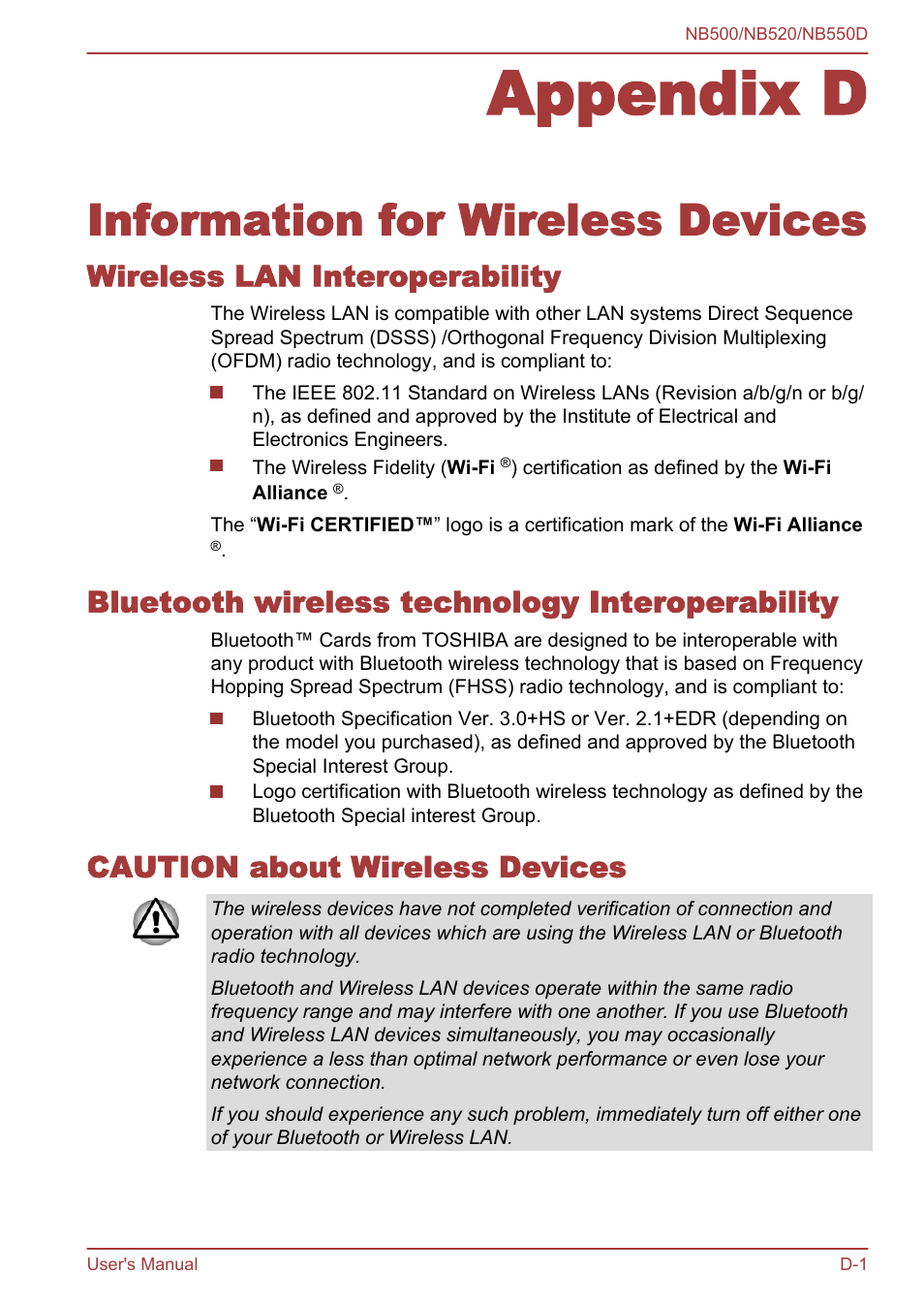 Appendix d information for wireless devices, Wireless lan interoperability, Bluetooth wireless technology interoperability | Caution about wireless devices, Appendix d, Information for wireless devices | Toshiba NB550D User Manual | Page 116 / 135