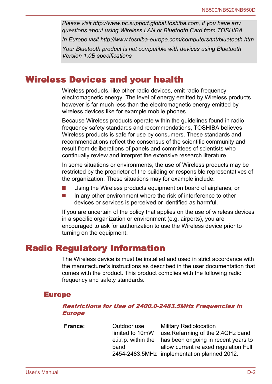 Wireless devices and your health, Radio regulatory information, Europe | Toshiba NB550D User Manual | Page 117 / 135