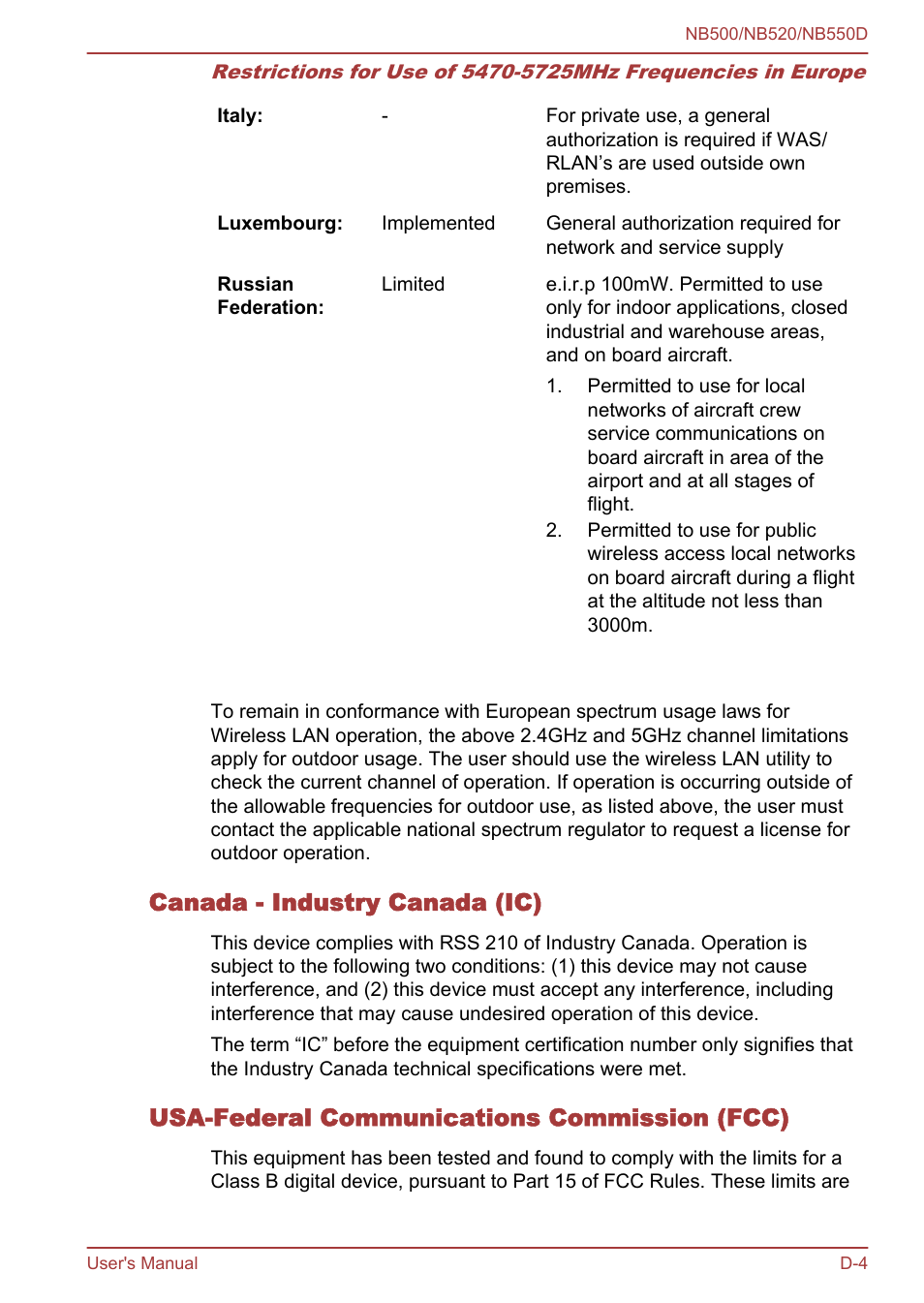 Canada - industry canada (ic), Usa-federal communications commission (fcc) | Toshiba NB550D User Manual | Page 119 / 135