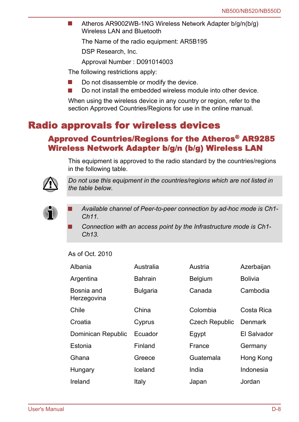 Radio approvals for wireless devices, Approved countries/regions for the atheros | Toshiba NB550D User Manual | Page 123 / 135