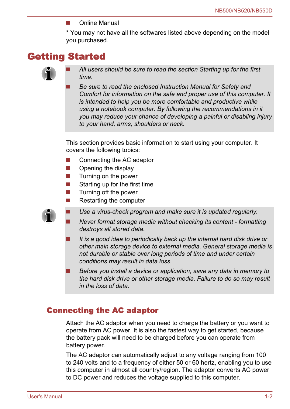 Getting started, Connecting the ac adaptor, Getting started -2 | Toshiba NB550D User Manual | Page 15 / 135