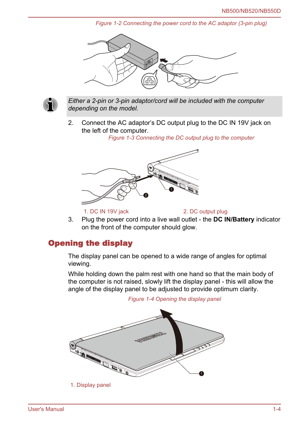 Opening the display | Toshiba NB550D User Manual | Page 17 / 135