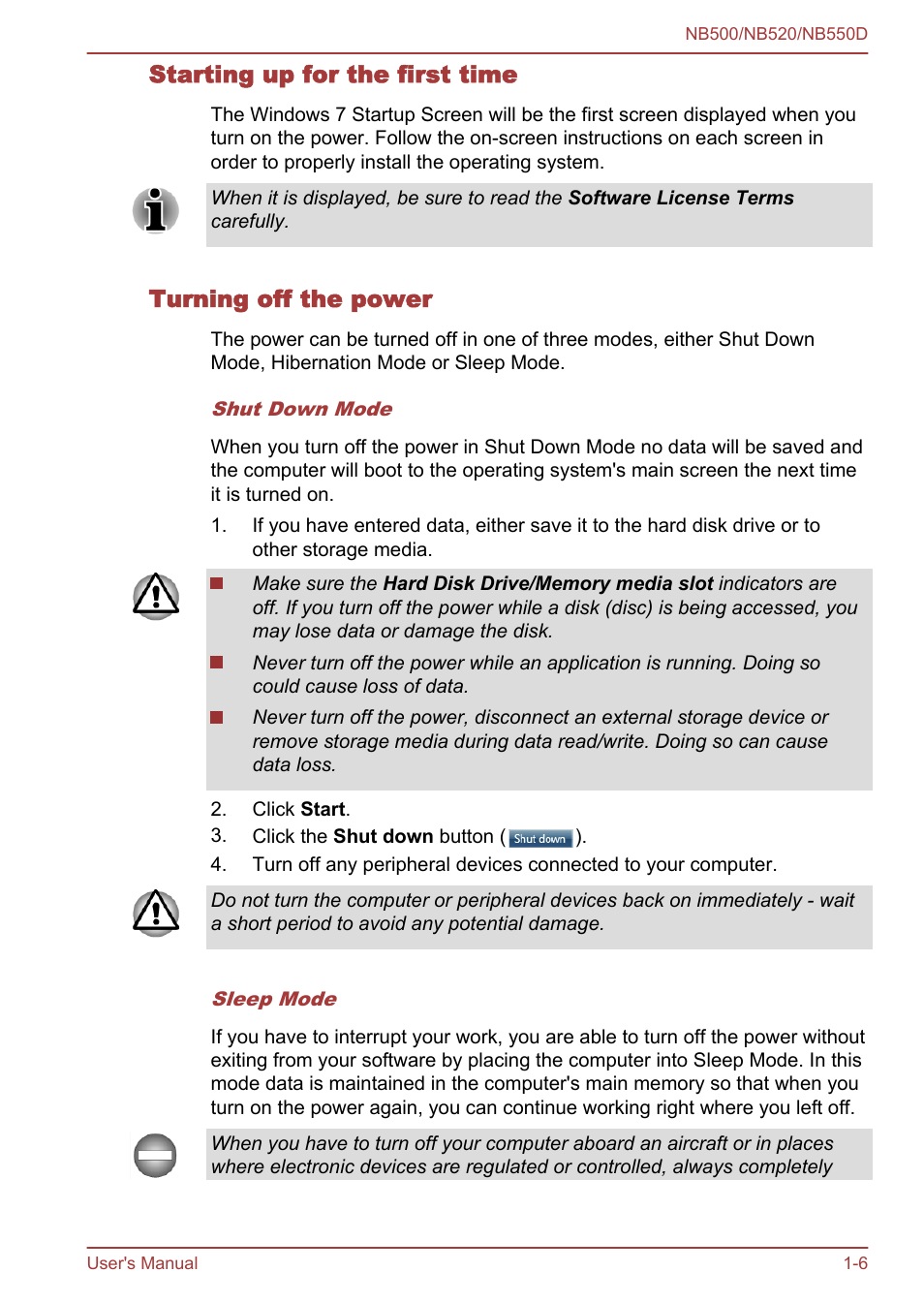 Starting up for the first time, Turning off the power | Toshiba NB550D User Manual | Page 19 / 135