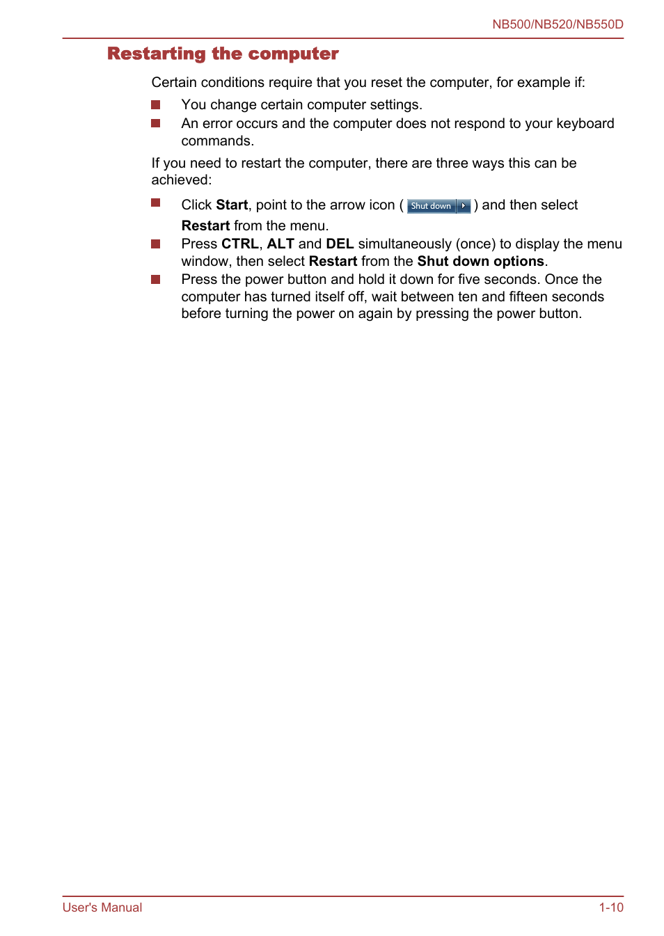 Restarting the computer | Toshiba NB550D User Manual | Page 23 / 135