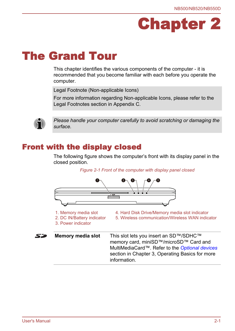 Chapter 2 the grand tour, Front with the display closed, Chapter 2 | The grand tour, Front with the display closed -1 | Toshiba NB550D User Manual | Page 24 / 135