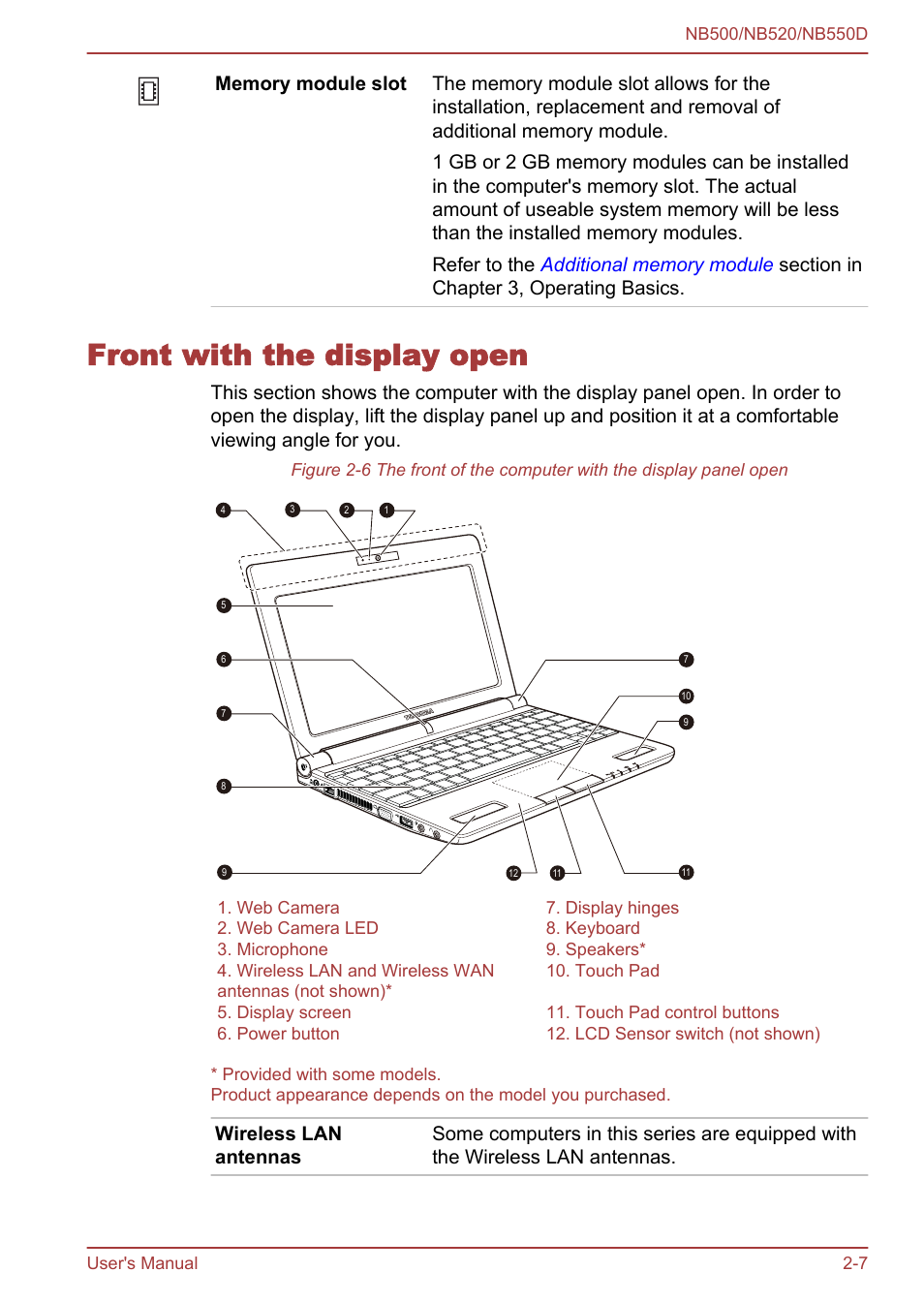 Front with the display open, Front with the display open -7 | Toshiba NB550D User Manual | Page 30 / 135