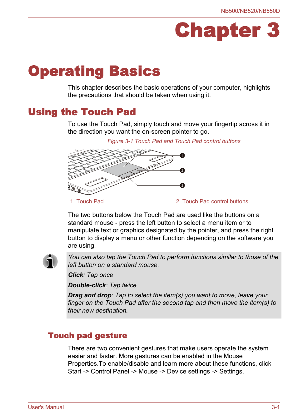 Chapter 3 operating basics, Using the touch pad, Touch pad gesture | Chapter 3, Operating basics, Using the touch pad -1, For more information, please refer to the, Using, The touch pad | Toshiba NB550D User Manual | Page 35 / 135
