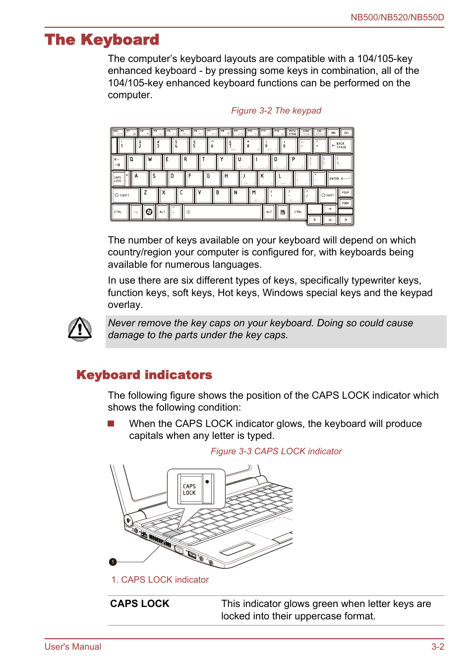 The keyboard, Keyboard indicators, The keyboard -2 | Section in chapter 3, operating | Toshiba NB550D User Manual | Page 36 / 135