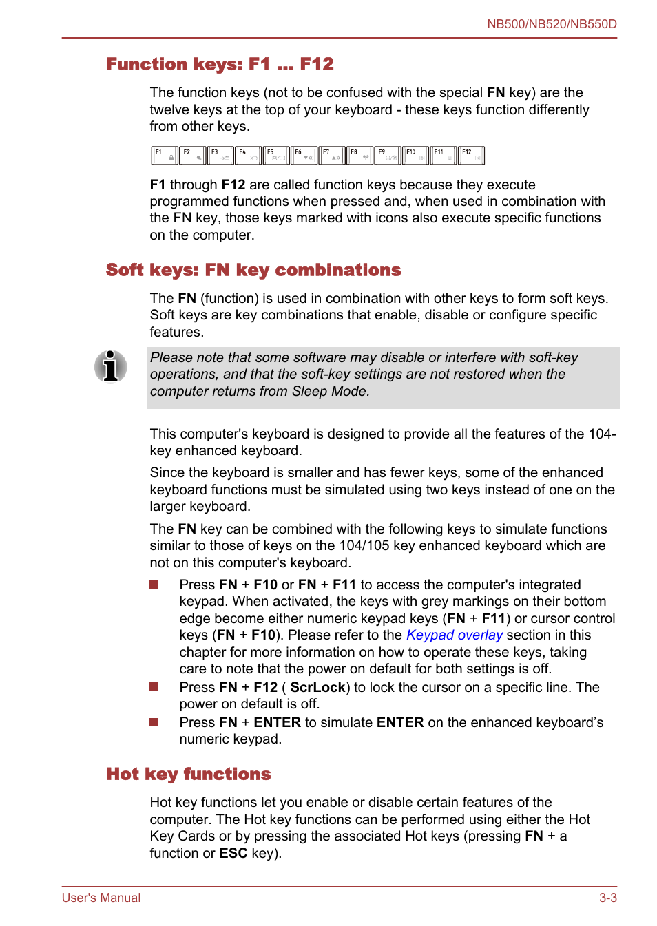 Function keys: f1 … f12, Soft keys: fn key combinations, Hot key functions | Toshiba NB550D User Manual | Page 37 / 135