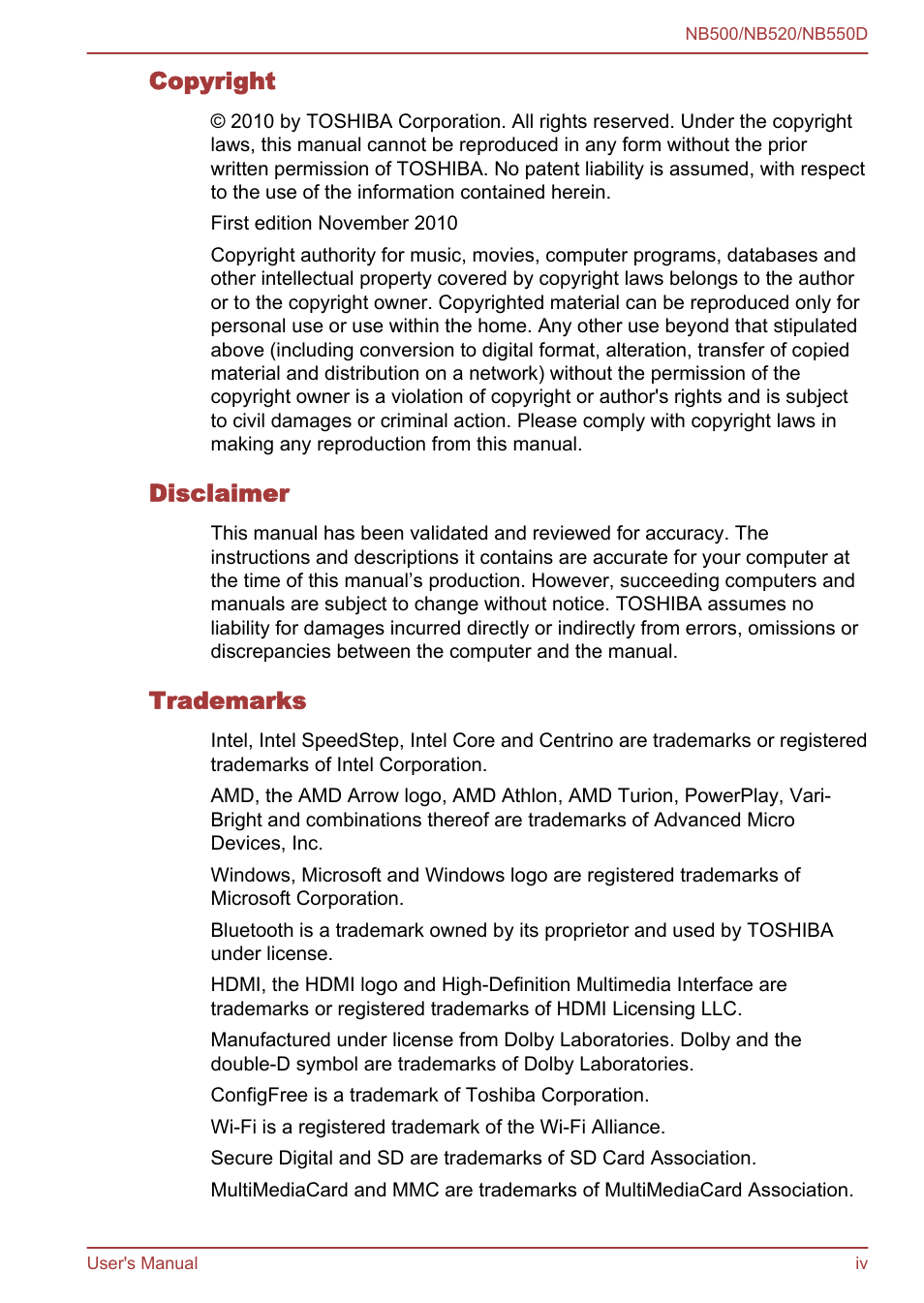 Toshiba NB550D User Manual | Page 4 / 135