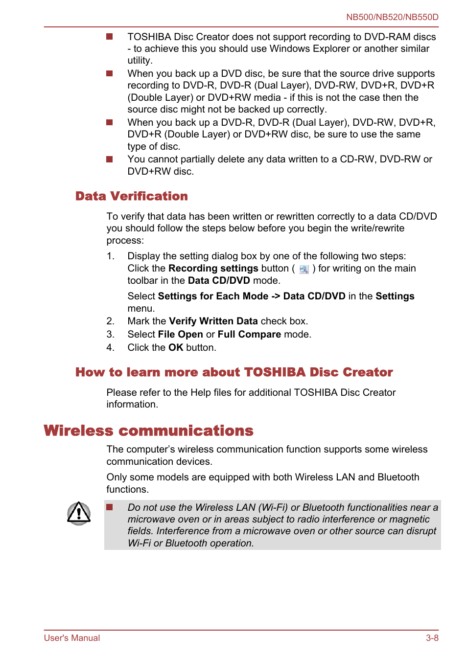 Data verification, How to learn more about toshiba disc creator, Wireless communications | Wireless communications -8 | Toshiba NB550D User Manual | Page 42 / 135