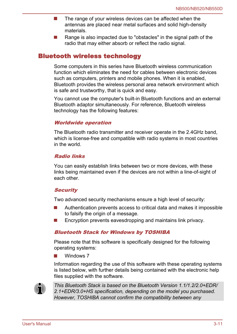 Bluetooth wireless technology | Toshiba NB550D User Manual | Page 45 / 135