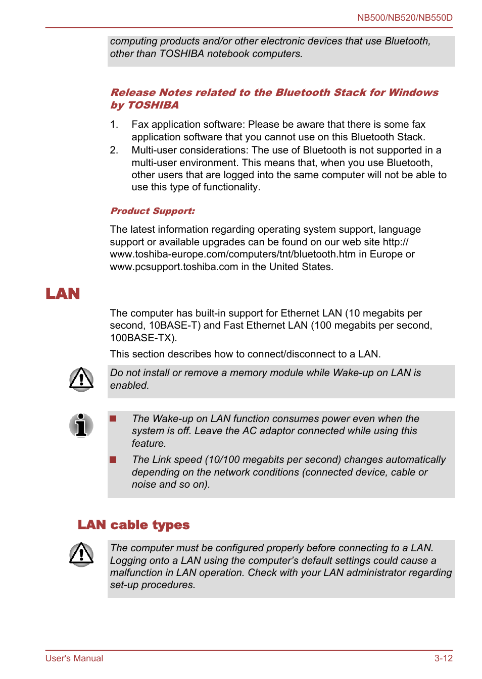 Lan cable types, Lan -12 | Toshiba NB550D User Manual | Page 46 / 135