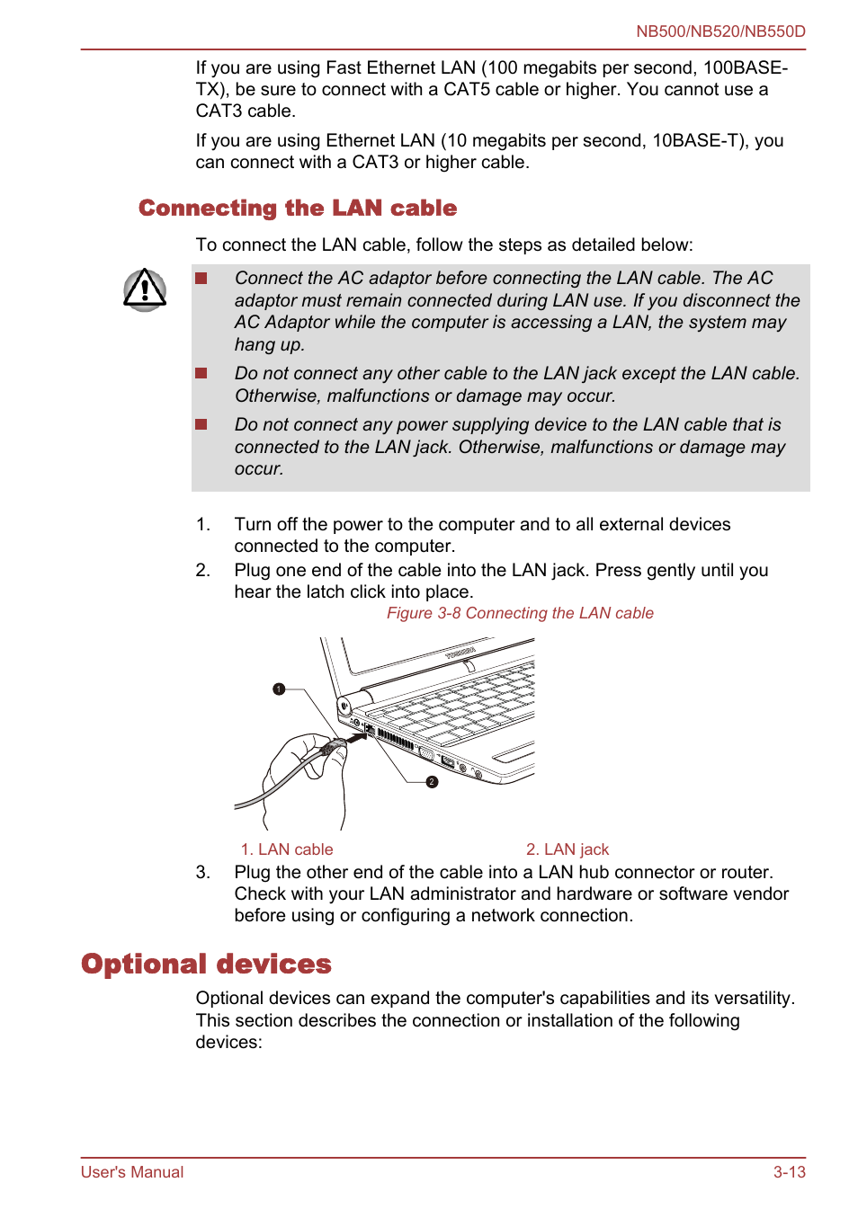 Connecting the lan cable, Optional devices, Optional devices -13 | Toshiba NB550D User Manual | Page 47 / 135