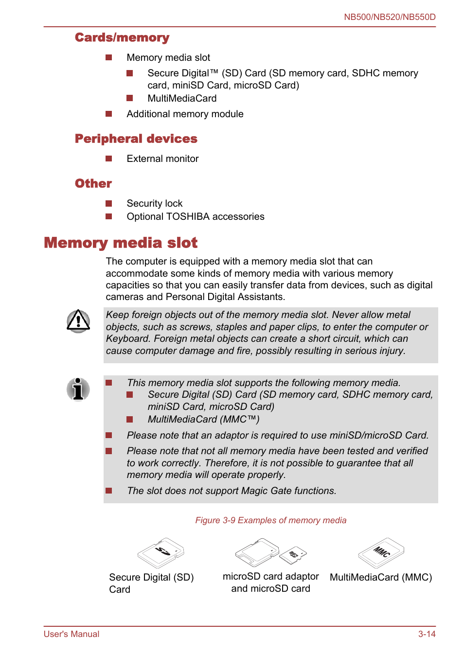 Cards/memory, Peripheral devices, Other | Memory media slot, Memory media slot -14 | Toshiba NB550D User Manual | Page 48 / 135