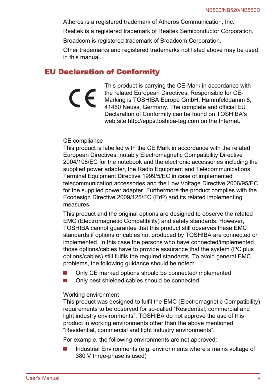 Eu declaration of conformity | Toshiba NB550D User Manual | Page 5 / 135