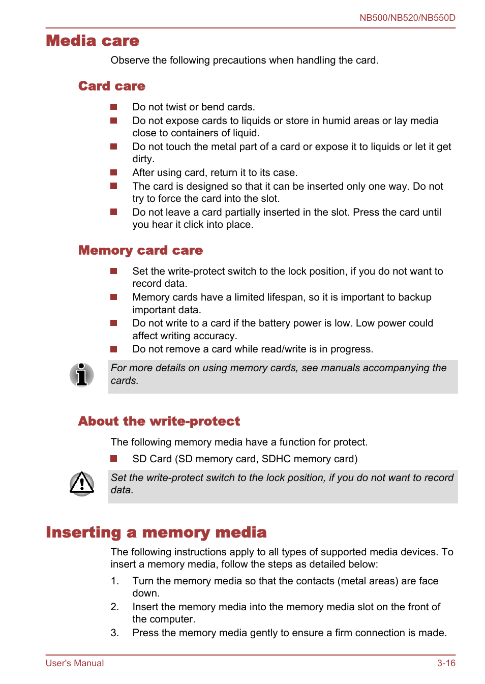 Media care, Card care, Memory card care | About the write-protect, Inserting a memory media, Media care -16 inserting a memory media -16 | Toshiba NB550D User Manual | Page 50 / 135