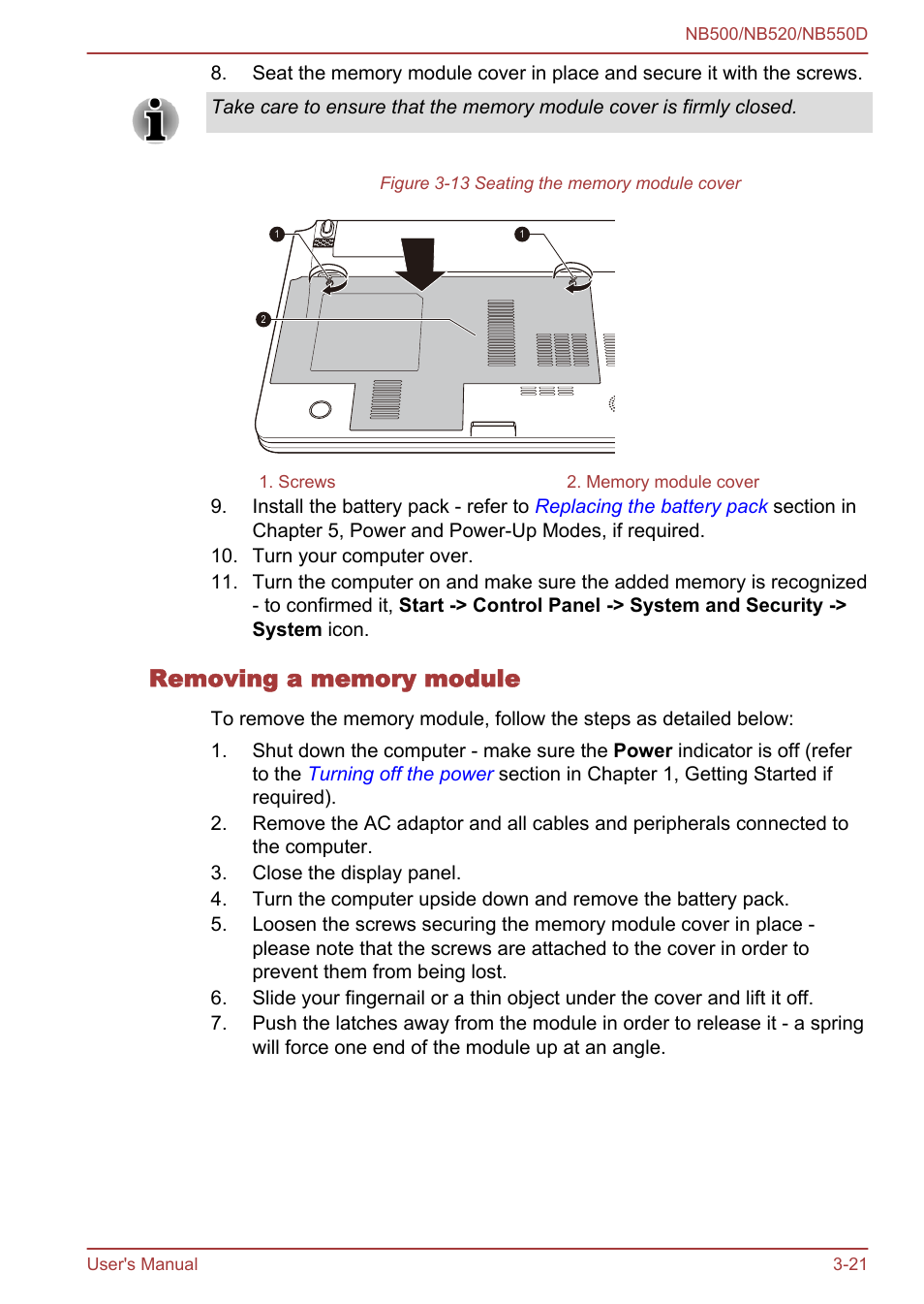 Removing a memory module | Toshiba NB550D User Manual | Page 55 / 135