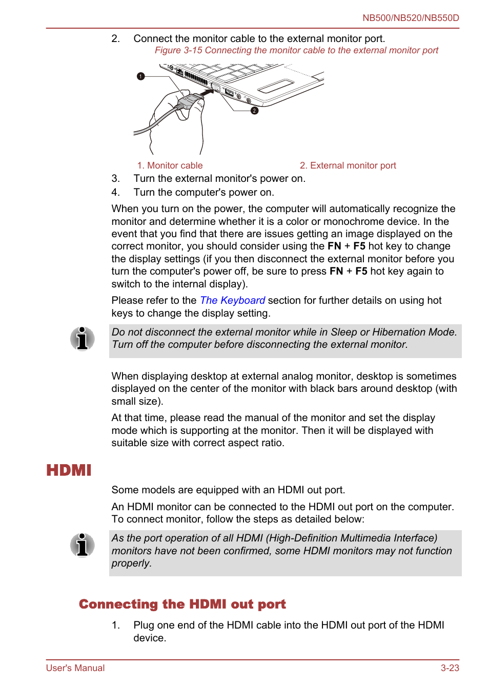 Hdmi, Connecting the hdmi out port, Hdmi -23 | Toshiba NB550D User Manual | Page 57 / 135