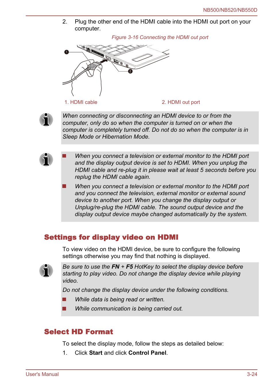 Settings for display video on hdmi, Select hd format | Toshiba NB550D User Manual | Page 58 / 135