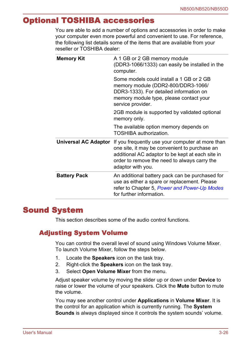 Optional toshiba accessories, Sound system, Adjusting system volume | Optional toshiba accessories -26 sound system -26 | Toshiba NB550D User Manual | Page 60 / 135