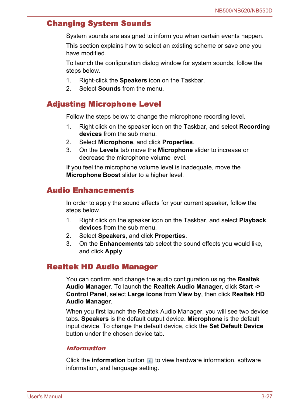 Changing system sounds, Adjusting microphone level, Audio enhancements | Realtek hd audio manager | Toshiba NB550D User Manual | Page 61 / 135