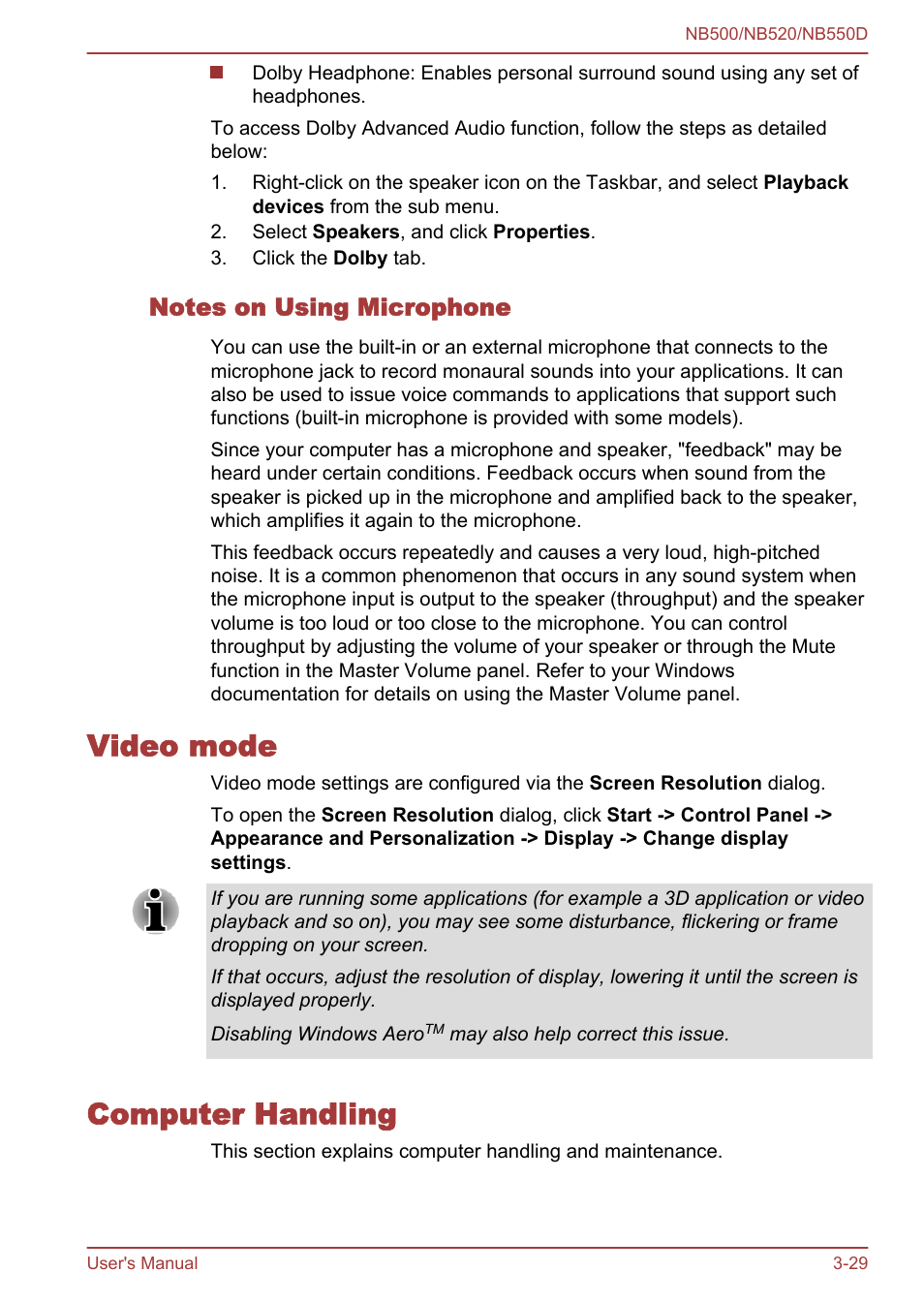 Notes on using microphone, Video mode, Computer handling | Video mode -29 computer handling -29 | Toshiba NB550D User Manual | Page 63 / 135