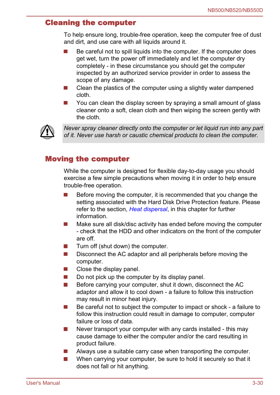 Cleaning the computer, Moving the computer | Toshiba NB550D User Manual | Page 64 / 135