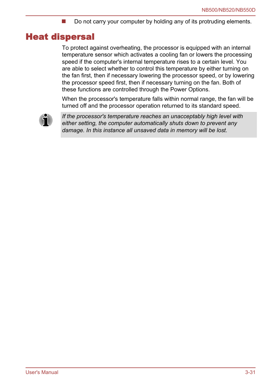 Heat dispersal, Heat dispersal -31 | Toshiba NB550D User Manual | Page 65 / 135