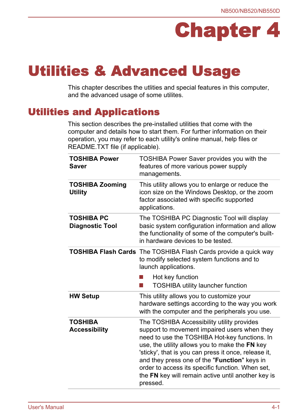 Chapter 4 utilities & advanced usage, Utilities and applications, Chapter 4 | Utilities & advanced usage, Utilities and applications -1 | Toshiba NB550D User Manual | Page 66 / 135