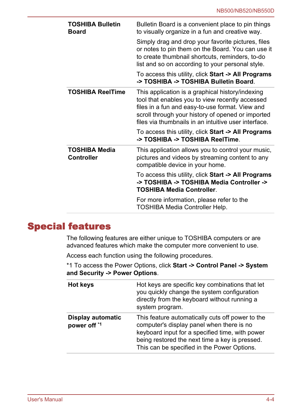 Special features, Special features -4 | Toshiba NB550D User Manual | Page 69 / 135