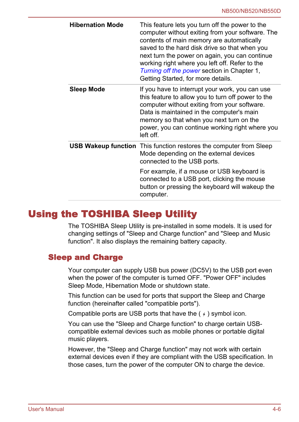 Using the toshiba sleep utility, Sleep and charge, Using the toshiba sleep utility -6 | Toshiba NB550D User Manual | Page 71 / 135