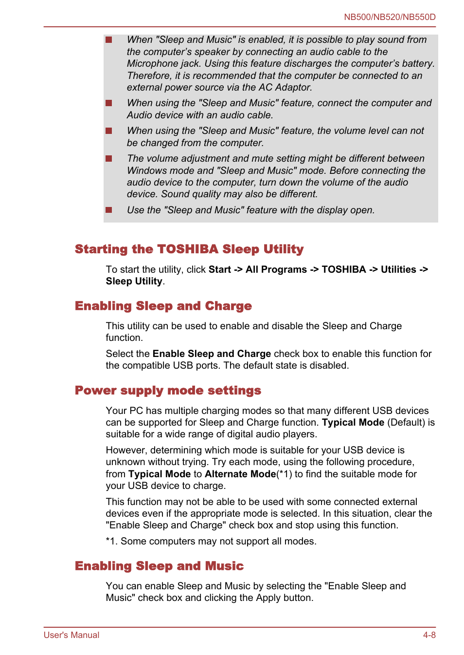 Starting the toshiba sleep utility, Enabling sleep and charge, Power supply mode settings | Enabling sleep and music | Toshiba NB550D User Manual | Page 73 / 135