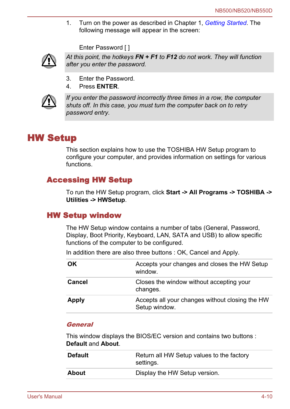 Hw setup, Accessing hw setup, Hw setup window | Hw setup -10 | Toshiba NB550D User Manual | Page 75 / 135