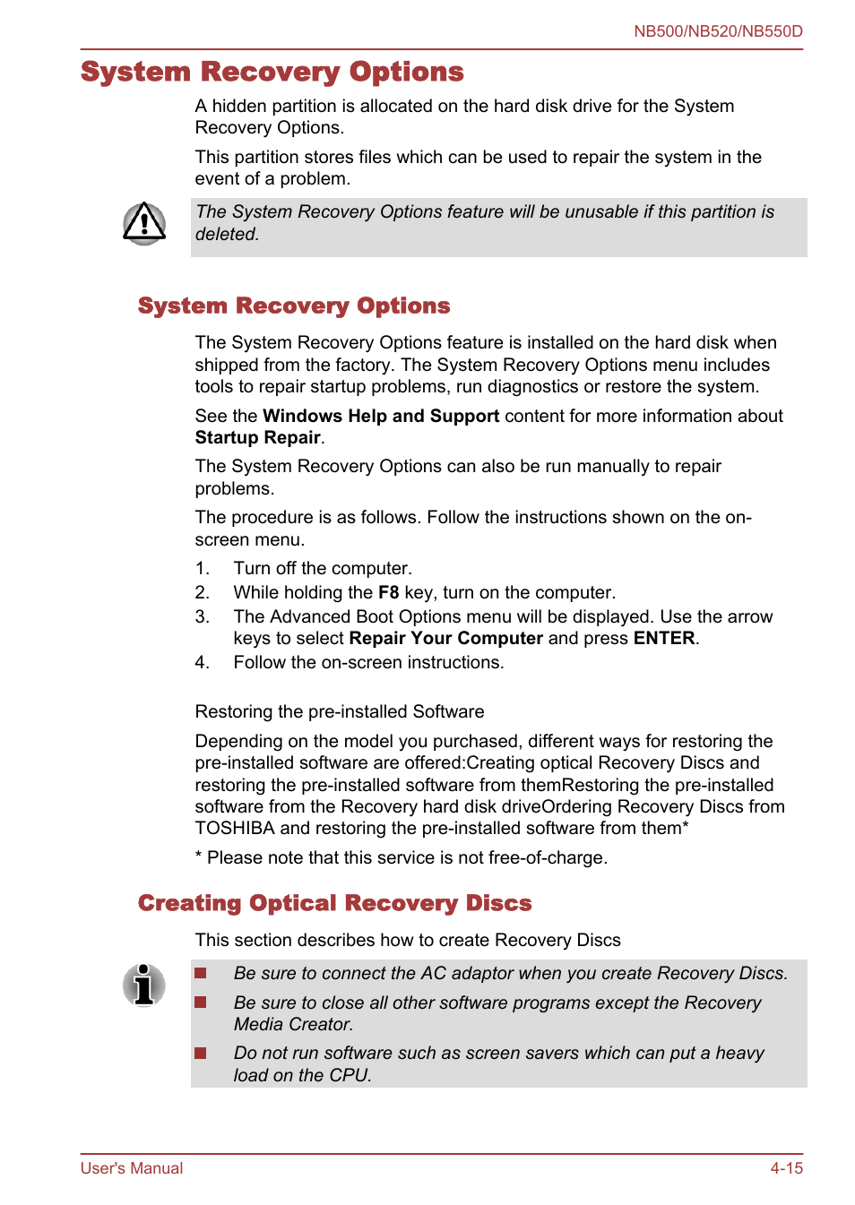 System recovery options, Creating optical recovery discs, System recovery options -15 -15 | Toshiba NB550D User Manual | Page 80 / 135