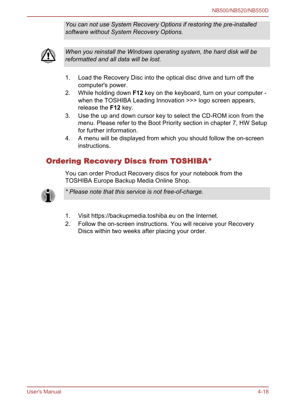 Ordering recovery discs from toshiba | Toshiba NB550D User Manual | Page 83 / 135