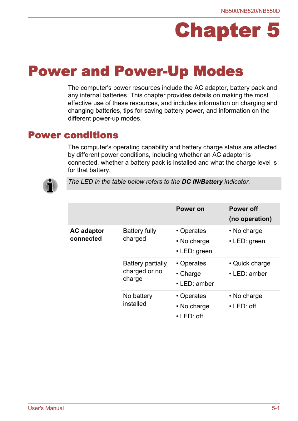 Chapter 5 power and power-up modes, Power conditions, Chapter 5 | Power and power-up modes, Power conditions -1 | Toshiba NB550D User Manual | Page 84 / 135