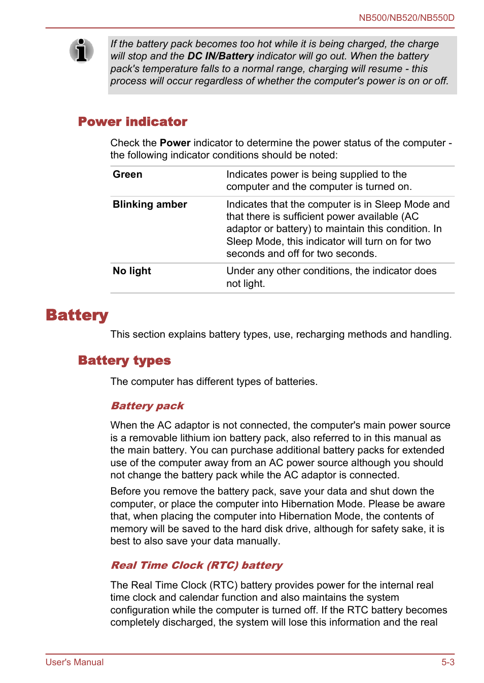 Power indicator, Battery, Battery types | Battery -3 | Toshiba NB550D User Manual | Page 86 / 135