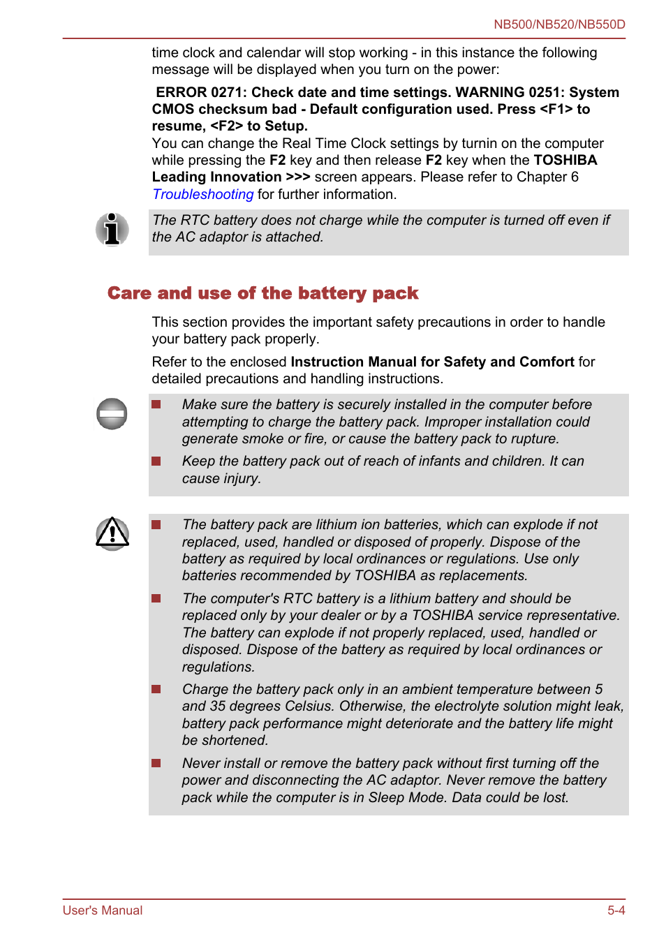 Care and use of the battery pack | Toshiba NB550D User Manual | Page 87 / 135